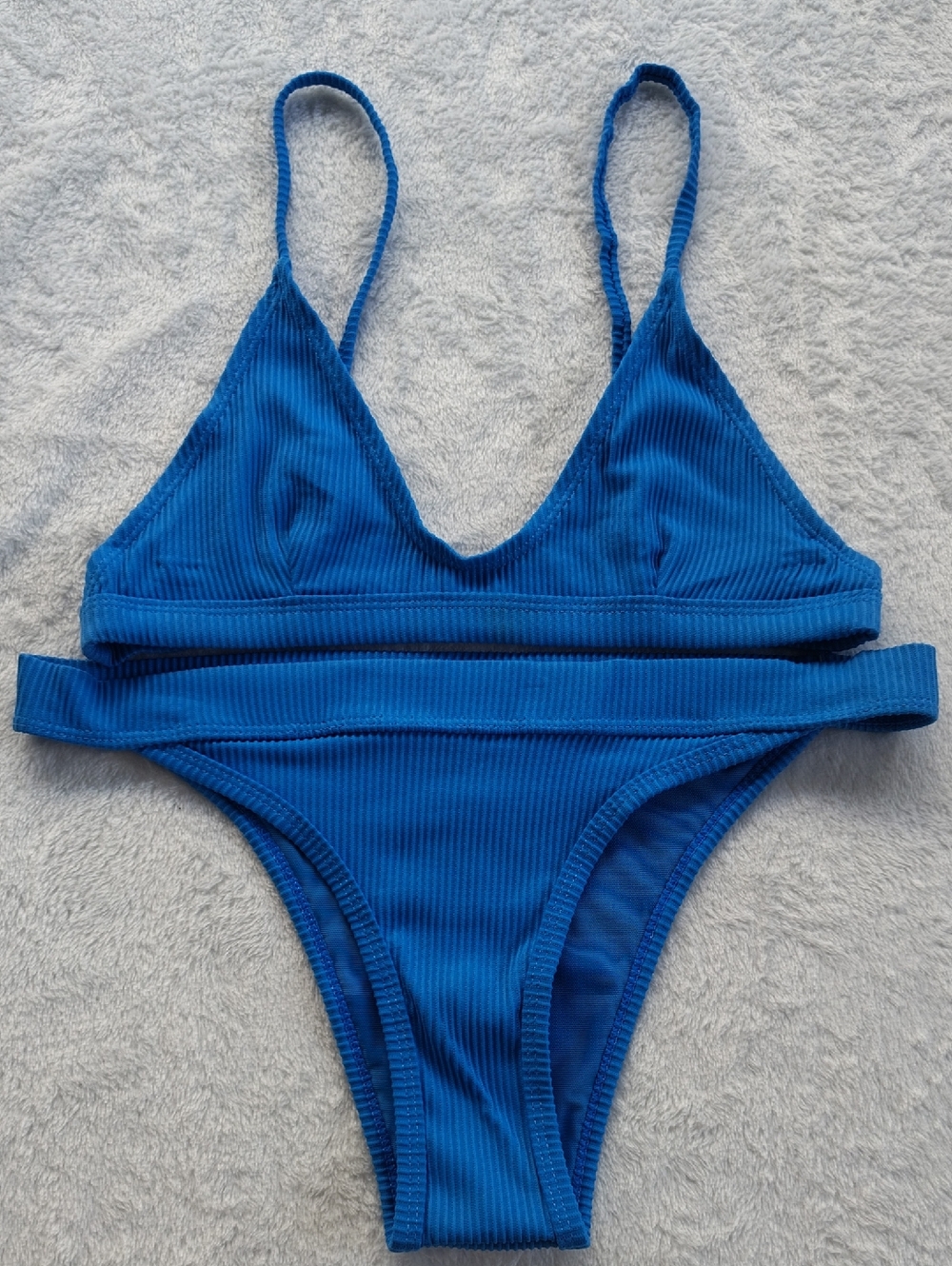 Blue Ribbed V-Neck Bikini Set